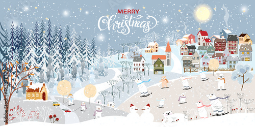 Winter landscape, Celebrating Christmas and new Year 2022 in village at night with happy polar bear playing playing ice skates in the park,Vector of horizontal banner winter wonderland in countryside