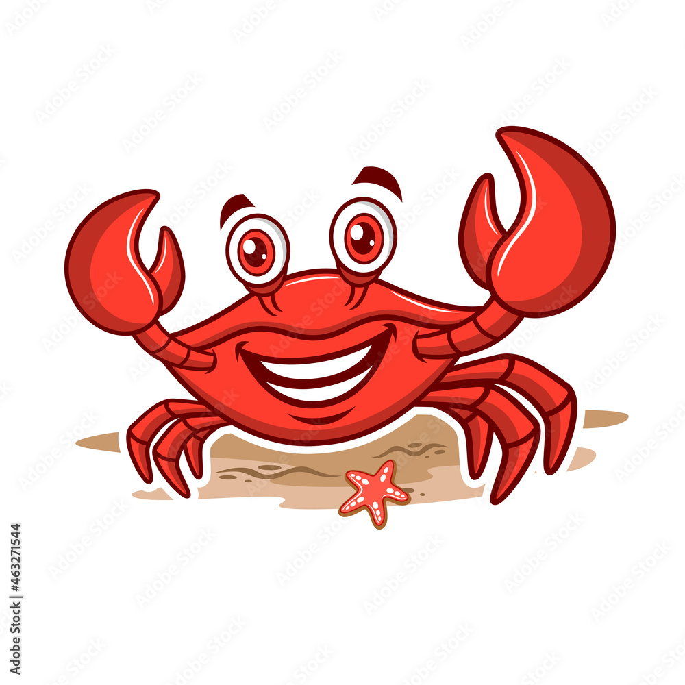 Cartoon mascot red crab on the beach. Vector illustration Stock Vector