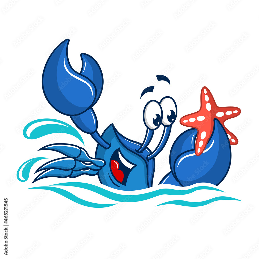 Cartoon mascot blue crab caught starfish. Vector illustration Stock