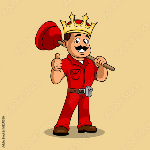 Cartoon mascot king plumber with plunger. Vector illustration