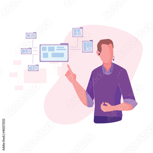 Drawing of a man talking about technologies vector illustration isolated on white background.