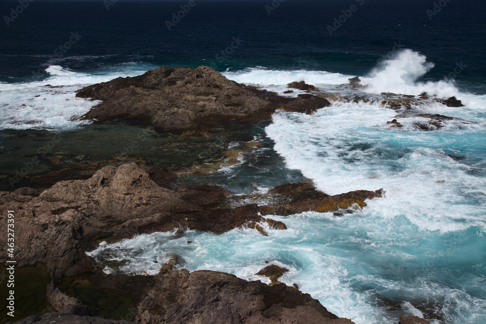 Gran Canaria, calm rock pools under steep cliffs of the north coast are
separated from the ocean by volcanic rocks of platform constructed by old lava flows
Punta de Galdar area Gran Canaria, calm rock pools under steep cliffs of the north coast are
separated from the ocean by volcanic rocks of platform constructed by old lava flows
Punta de Galdar area