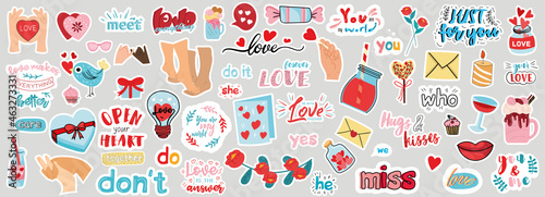 Very large set of Love stickers with assorted text and romantic icons for design elements, colored vector illustration