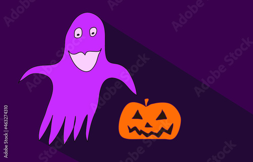 Purple scary spirit, halloween holiday and orange colored pumpkin