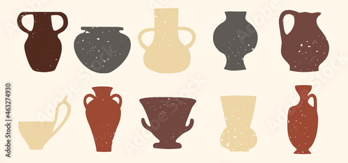Ceramic vases of various shapes. Antique ceramics with a stamp texture.