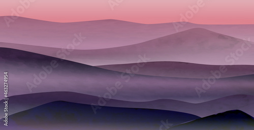 Background with hills and mountains at sunrise in soft blue and pink tones for placement on web banners and in interior design