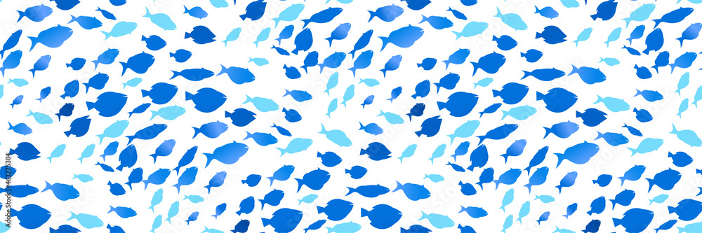 Seamless fish shoal pattern. Silhouettes of a flock of swimming fish isolated on a white background. Marine (oceanic) telematics school of fish. Vector print for wrapping web design, banners, posters