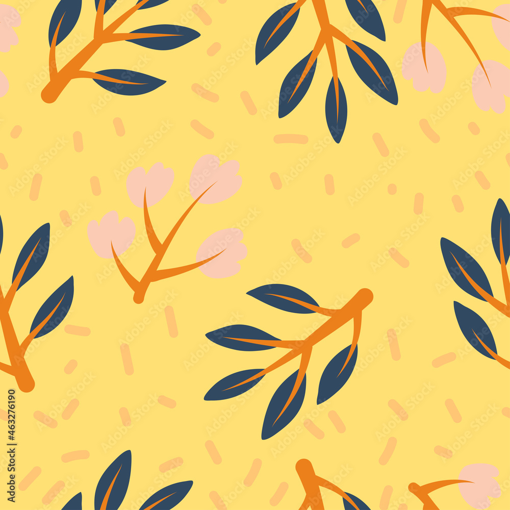Hand drawn modern pattern with flowers, leaves. Trendy vector seamless pattern. Minimalistic  concept. Perfect print for fabric, textile, wallpaper