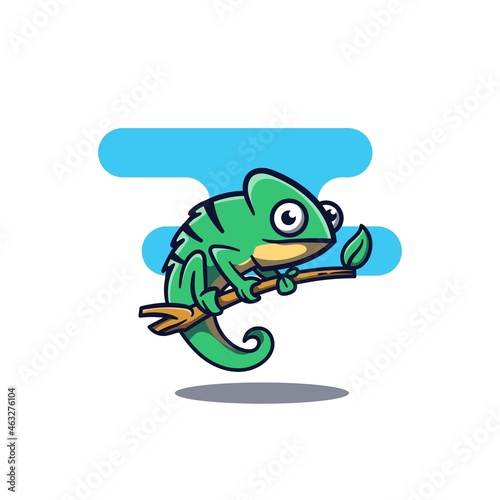 Cute chameleon mascot on a wooden branch vector illustration. Animals with flat design style. Suitable for stickers, logos, illustrations, web banners and more.