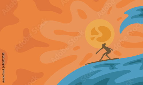 Sunset, wave and surfing artistic banner design.