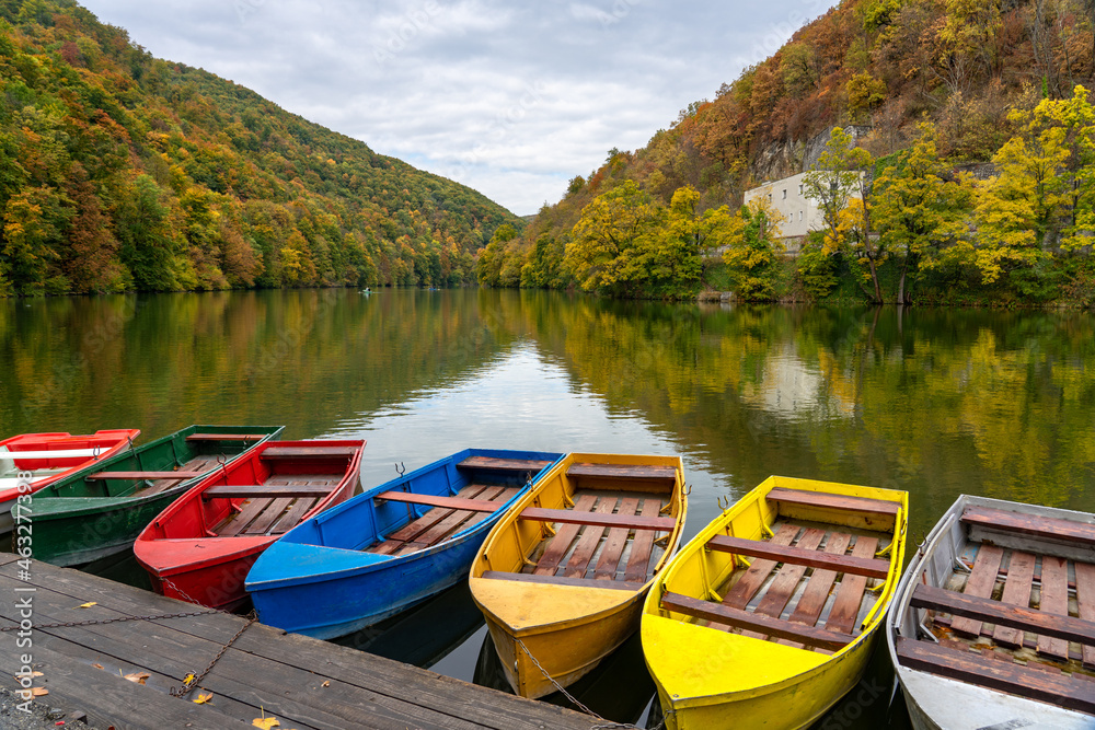 Hamori lake in Lillafured Miskolc pearl of the Bukk Natonal Park in Hungary with colorful boats fall autumn season