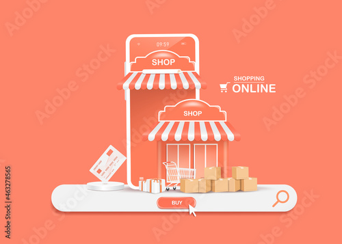 credit card, shopping cart,parcel box and gift boxs was placed next to it smartphone shop and all object on Search tab icon and buy icon for online shopping concept,vector 3d isolated on pastel pink