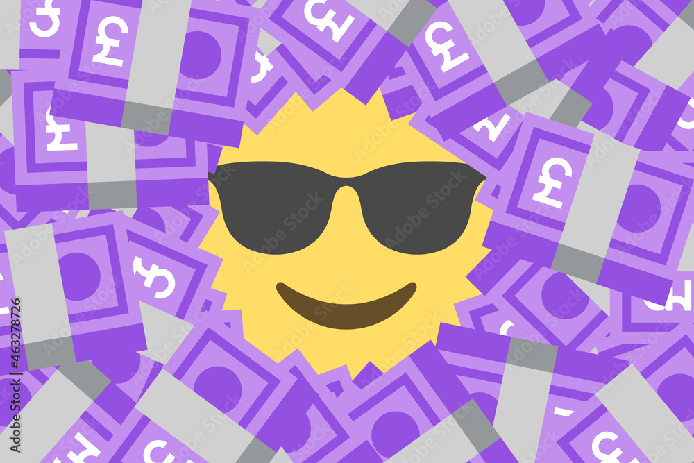 cool face emoji amid heap of pounds banknotes,rich,wealth,luxury ...