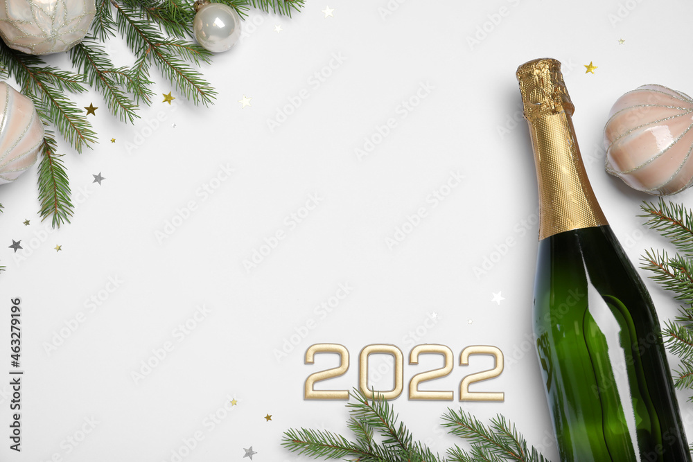 Happy New Year 2022! Flat lay composition with bottle of sparkling wine on light background, space for text - obrazy, fototapety, plakaty 