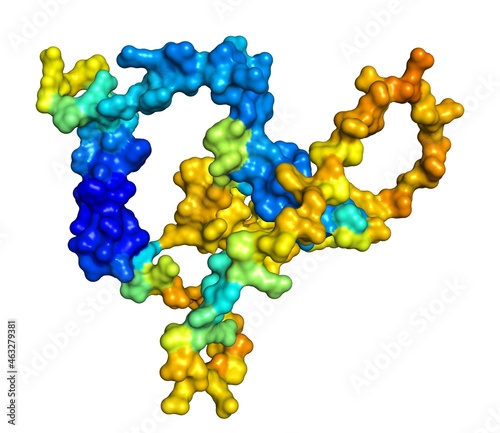 3D rendering of MAPK regulated corepressor interacting protein 2 as predicted by alphafold and colored according to confidence in the model.  photo