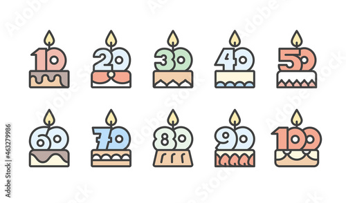 Anniversary badges, birthday cake, years label