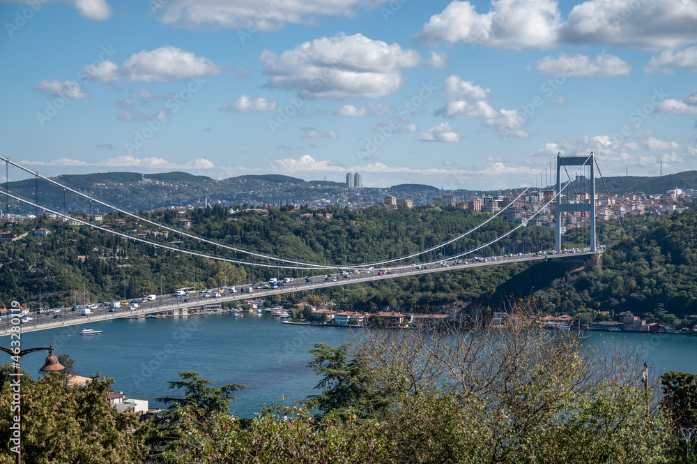Panoramic view of Istanbul Bosphorus. Istanbul Fatih Sultan Mehmet Bridge. cloudy blue sky.