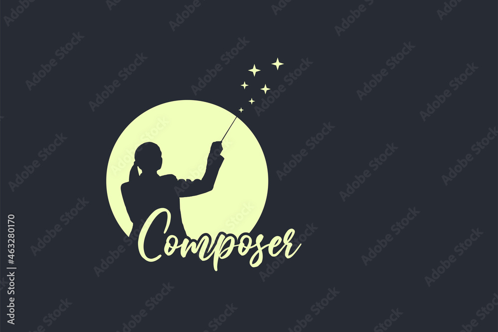 Conductor with a conductor's baton, woman silhouette isolated circle with baton and stars