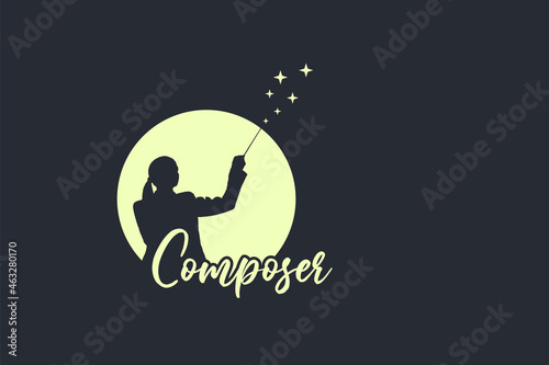 Conductor with a conductor's baton, woman silhouette isolated circle with baton and stars
