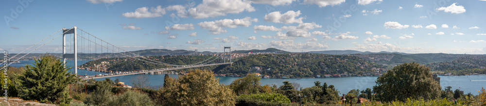 ISTANBUL, TURKEY - OCTOBER 12 ,2021: Panoramic view of Istanbul Bosphorus. Istanbul Fatih Sultan Mehmet Bridge. cloudy blue sky. panorama
