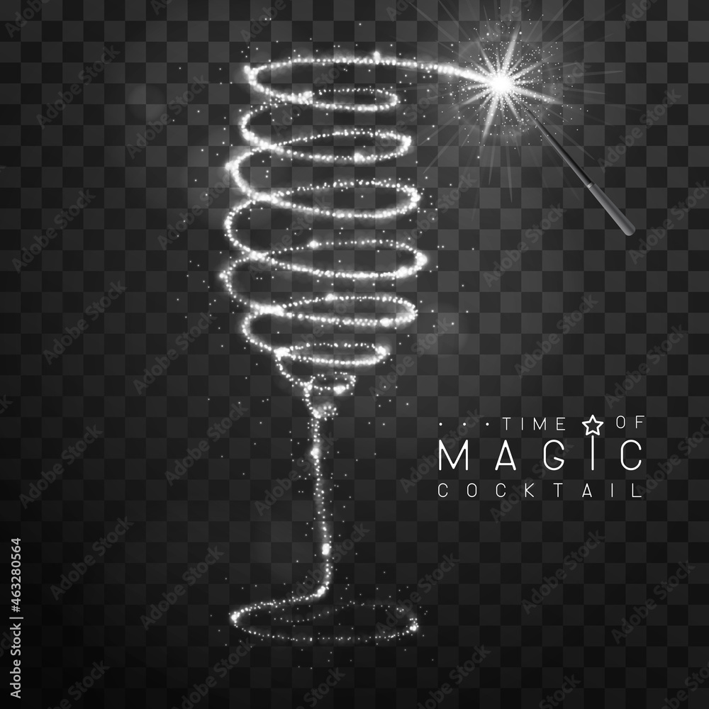 Magic wand with silver glowing shiny trail. Champagne or wine glass silhouette isolated on black transparent background. Vector illustration - obrazy, fototapety, plakaty 
