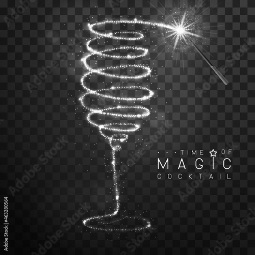 Magic wand with silver glowing shiny trail. Champagne or wine glass silhouette isolated on black transparent background. Vector illustration