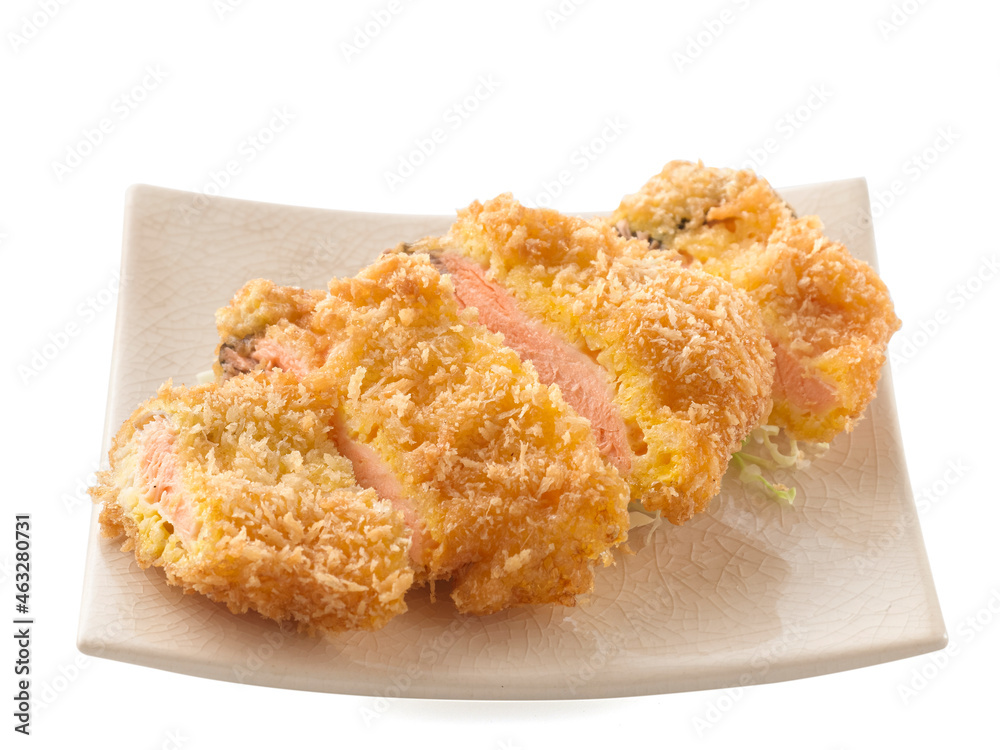 Japanese food, Tonkatsu salmon fish deep fried with bread crumbs cutlet on white background. Japanese food, Tonkatsu salmon fish deep fried with bread crumbs cutlet on white background.
