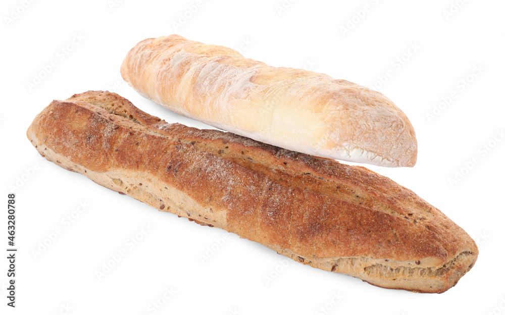 Different tasty baguettes on white background. Fresh bread