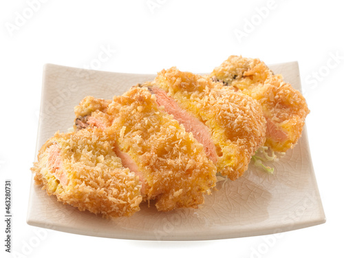 Japanese food, Tonkatsu salmon fish deep fried with bread crumbs cutlet on white background.