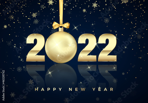 New Year Poster with Greeting Text on blue background. Golden Christmas Ball instead of zero in 2022. Holiday Decoration Element for Banner or Invitation. Vector