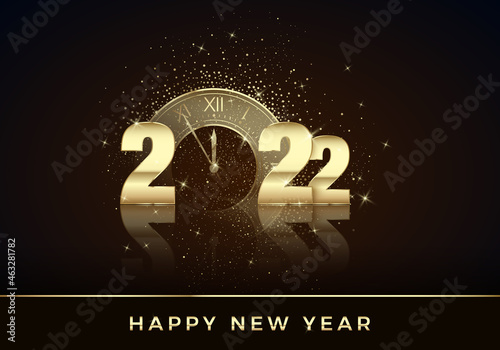 Golden Clock instead of zero in 2022. Happy New Year Greeting Card. Holiday midnight countdown. Christmas Decoration Element for Banner or Invitation. Vector