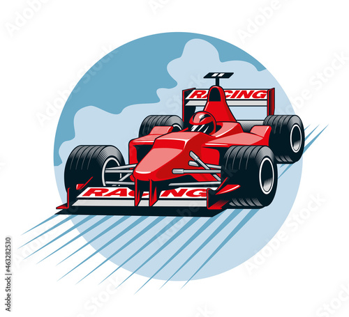 Formula race sport car, speed concept. Red racing bolide comic style vector illustration.
