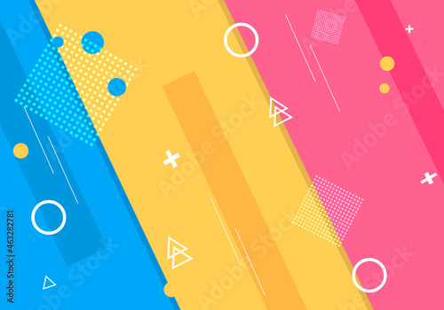 Abstract Memphis style background, blue, yellow, pink