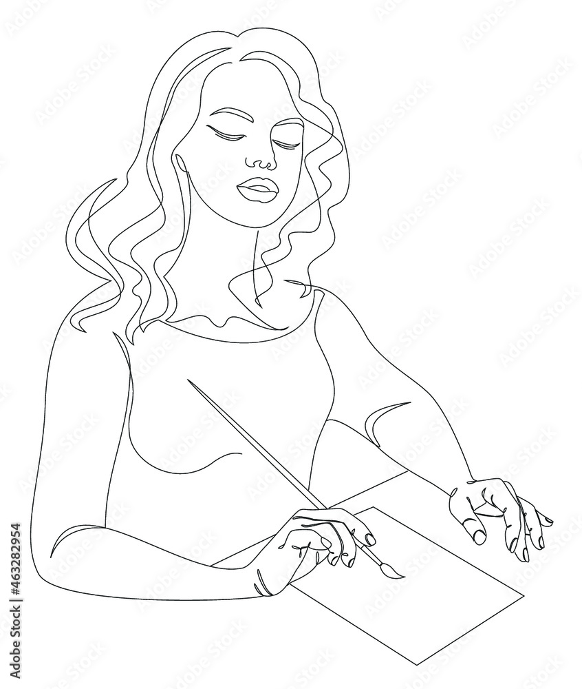 Silhouettes of a lady, she paints with a brush on paper in a modern one-line style. Solid line, aesthetic outline for home decor, posters, stickers, logo. Vector illustration. Silhouettes of a lady, she paints with a brush on paper in a modern one-line style. Solid line, aesthetic outline for home decor, posters, stickers, logo. Vector illustration.