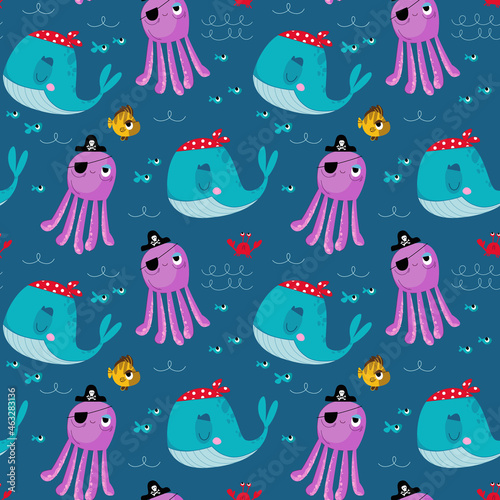 Seamless pattern with funny whales and octopuses. Vector illustration of a pirate in a minimalistic flat style. Printing for textiles, print design, postcards.