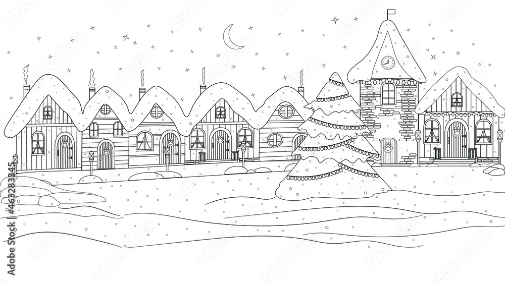 Coloring book. A fabulous, magical city on the night before Christmas, New Year. Snow-covered houses, a clock tower on winter street, squares. Urban winter landscape