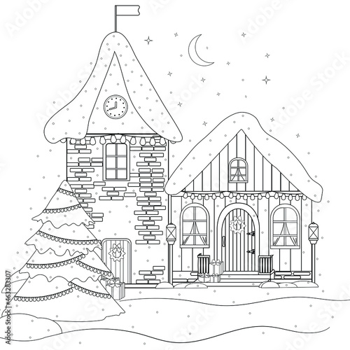 Coloring book. The street of an old  fabulous city with a Christmas tree  gifts. For a greeting card  design  decoration  ticket. Urban festive  winter landscape.