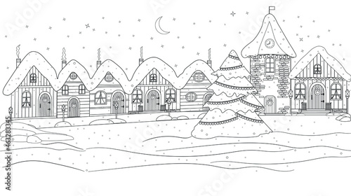 Coloring book. A fabulous  magical city on the night before Christmas  New Year. Snow-covered houses  a clock tower on winter street  squares. Urban winter landscape