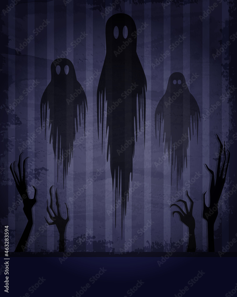 Aged old room with striped grunge wallpaper, shadow of creepy ghosts and hands