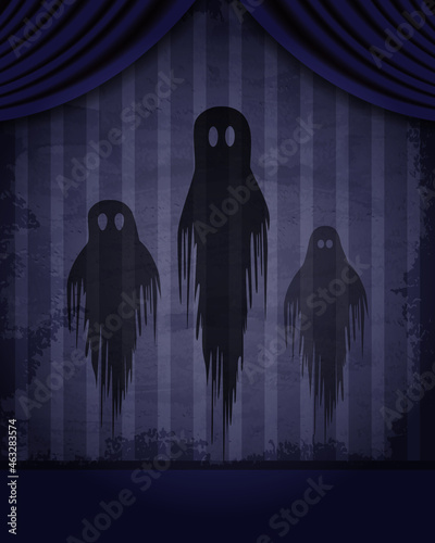 Aged old room with striped grunge wallpaper, curtain and shadow of creepy ghosts