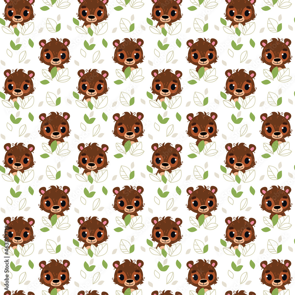 Seamless pattern with cartoon brown bears on a white background. Vector cute animal illustration in minimalistic flat style. Children's print for textiles, print design, postcards.