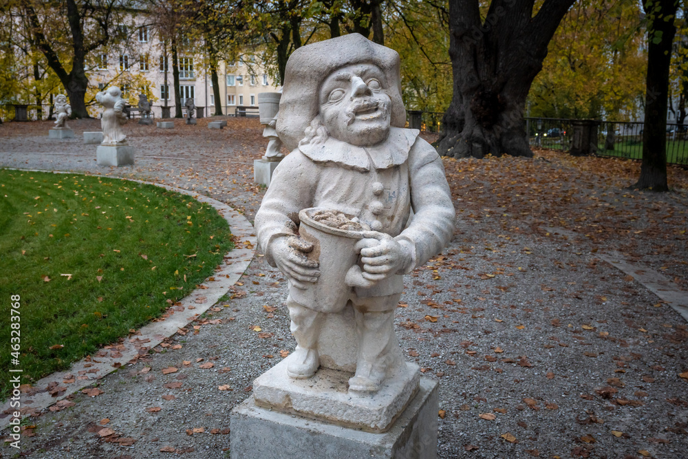 Dwarf Garden (Zwergerlgarten) - Dwarf with pot representing month of december - 17th century statue - Salzburg, Austria