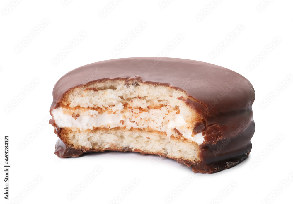 Delicious choco pie with bite mark isolated on white Delicious choco pie with bite mark isolated on white