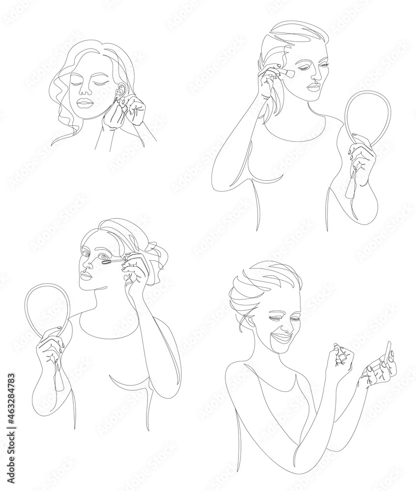 Collection. Silhouettes of a lady. The girl does mauiyage, paints lips, eyelashes, cheeks, earrings in a modern solid line style. Sketches, posters, stickers, logo. Set of vector illustrations. Collection. Silhouettes of a lady. The girl does mauiyage, paints lips, eyelashes, cheeks, earrings in a modern solid line style. Sketches, posters, stickers, logo. Set of vector illustrations.