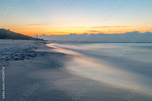 Long exposure photo of beautiful sunset on Baltic sea on Hel peninsula.