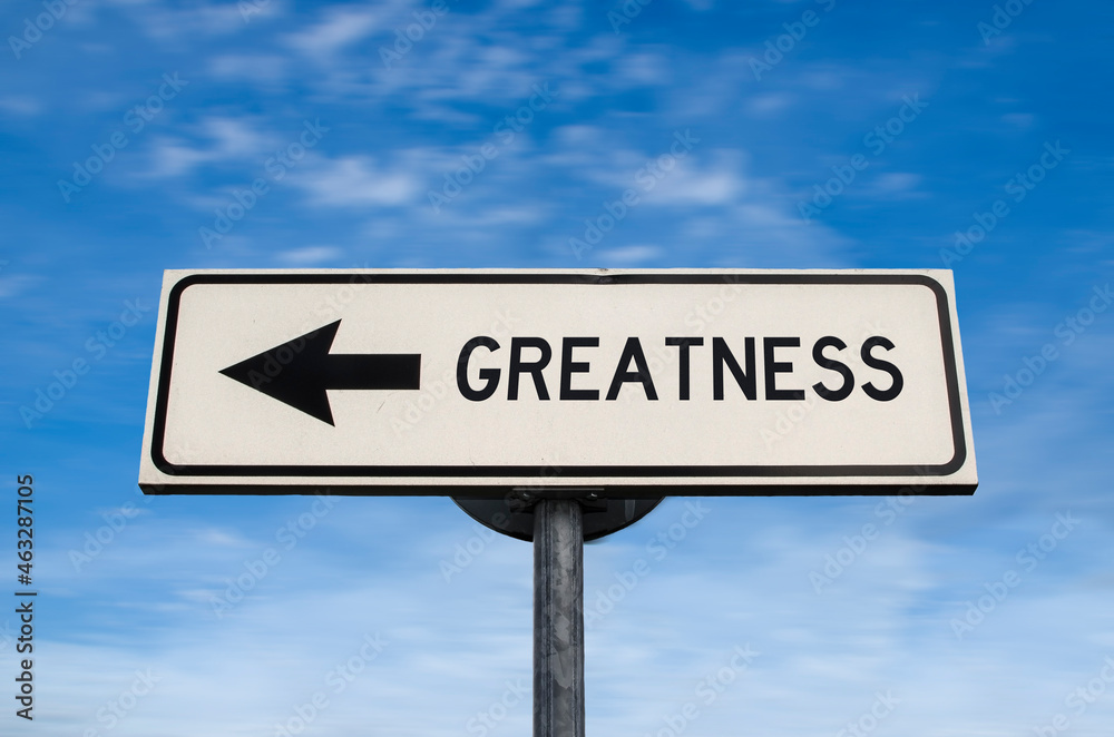 Greatness road sign, arrow on blue sky background. One way blank road sign with copy space. Arrow on a pole pointing in one direction. Greatness road sign, arrow on blue sky background. One way blank road sign with copy space. Arrow on a pole pointing in one direction.