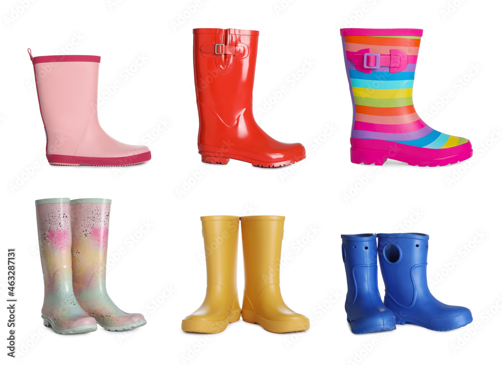Set with different colorful rubber boots on white background Set with different colorful rubber boots on white background