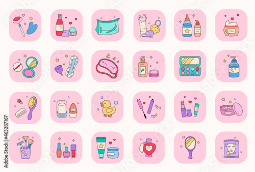 Cute cartoon beauty products icon set. Korean doodle cosmetic vector icons. Cosmetics doodle cute stuff - deodorant, mirror, cosmetic cream, beauty puff, face wash, skincare, lipstick, massage tool.