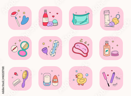 Cute cartoon beauty products icon set. Korean doodle cosmetic vector icons. Cosmetics doodle cute stuff - guasha stone tool, menstruation cup, skin care pads, deodorant roll, brush. Korean beauty set.