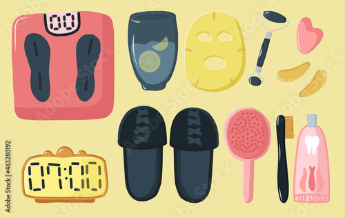 Big Set illustration morning routine. Weight tracking, drinking water with lemon in the morning, good habits for every day, oral hygiene, comb and slippers. Fabric mask and tools for massage at home.